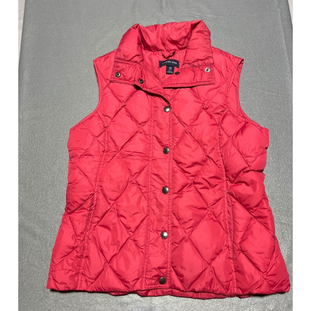 Lands End Womens Pink Diamond Quilted Down Puffer Vest Snap Front XS 2-4